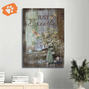 Vintage Jesus Portrait Poster with Flower Vase and Dragonfly - Christian Home Decor Gift Just Breathe