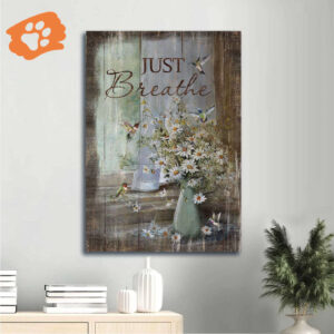 Vintage Jesus Portrait Poster with Daisy Vase and Hummingbird - Christian Home Decor Gift for Just Breathe Inspiration