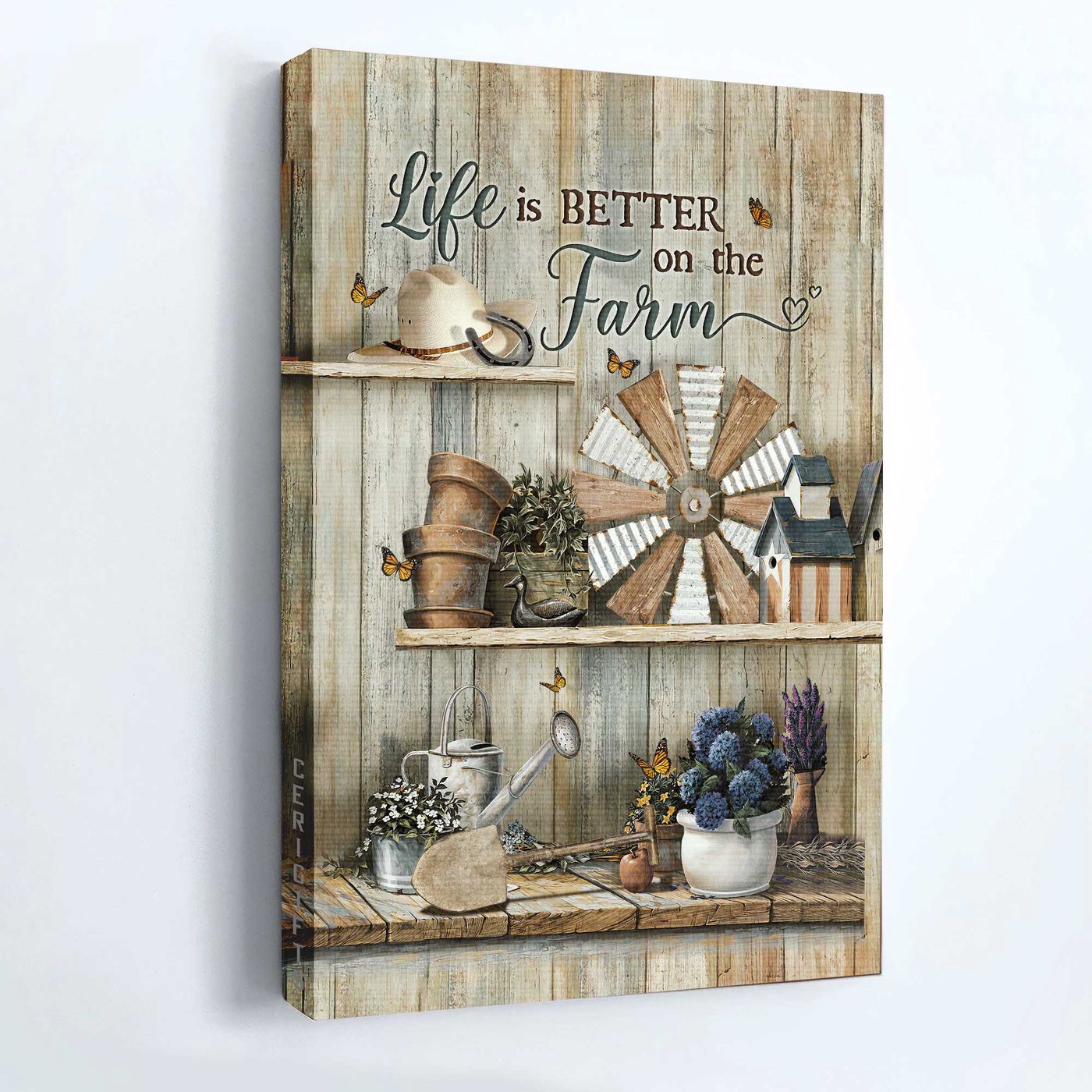 Vintage Garden Jesus Portrait Poster Home Decor Gift – Blue Hydrangea Windmill Christian Farm Life Poster