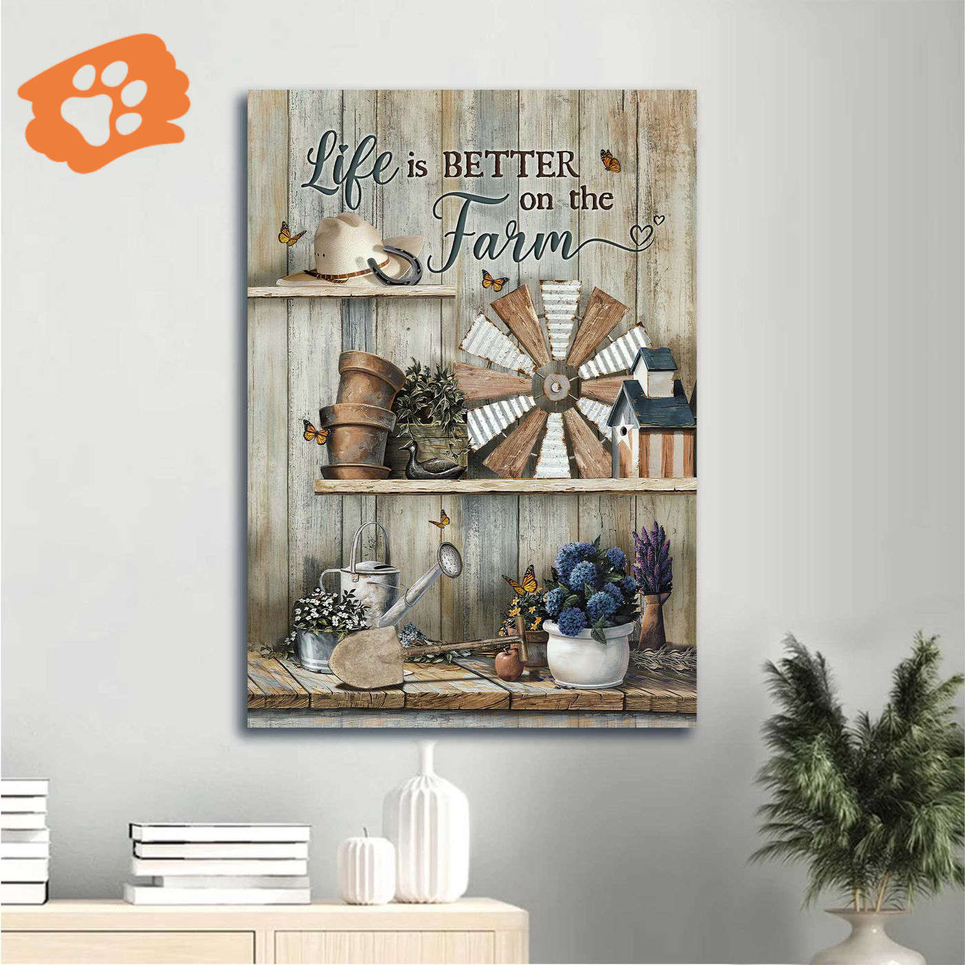 Vintage Garden Jesus Portrait Poster Home Decor Gift – Blue Hydrangea Windmill Christian Farm Life Poster