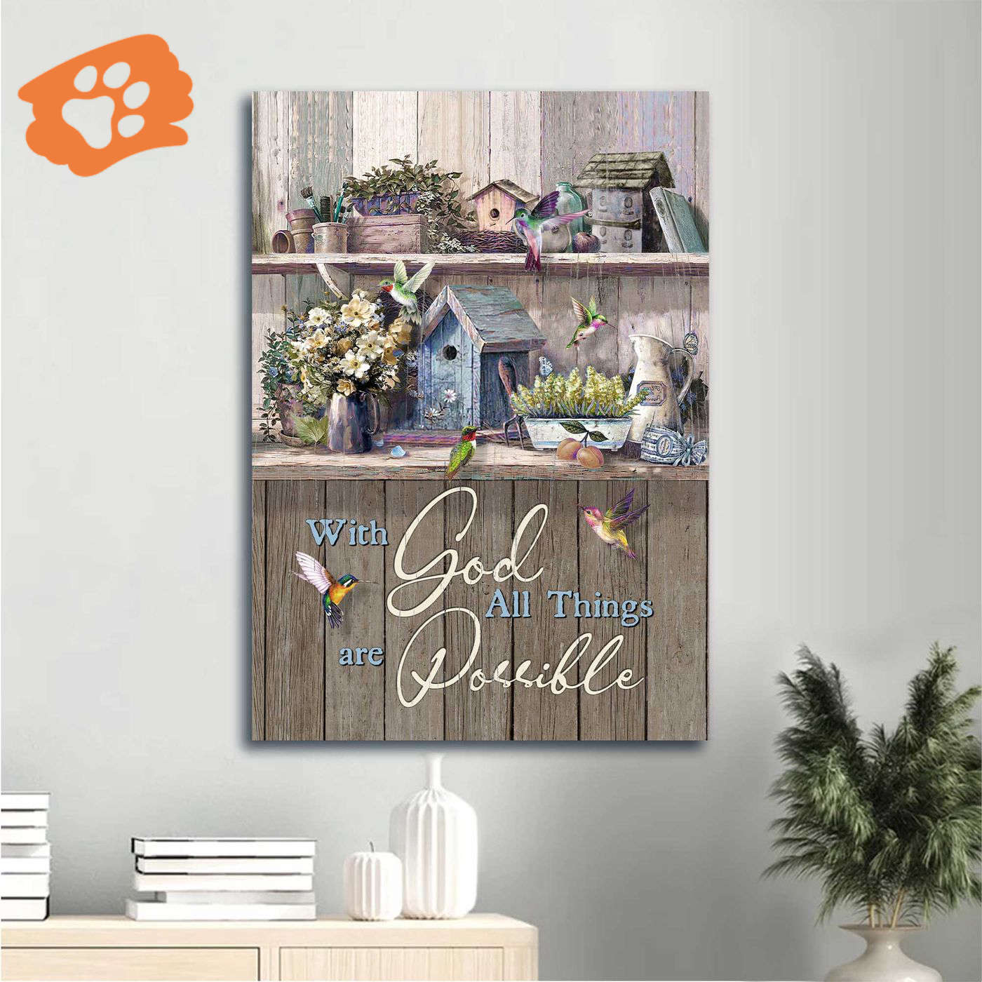 Vintage Jesus Portrait Poster Home Decor Gift – Kitchen Flowers Hummingbird – Christian Gift – With God All Things Possible