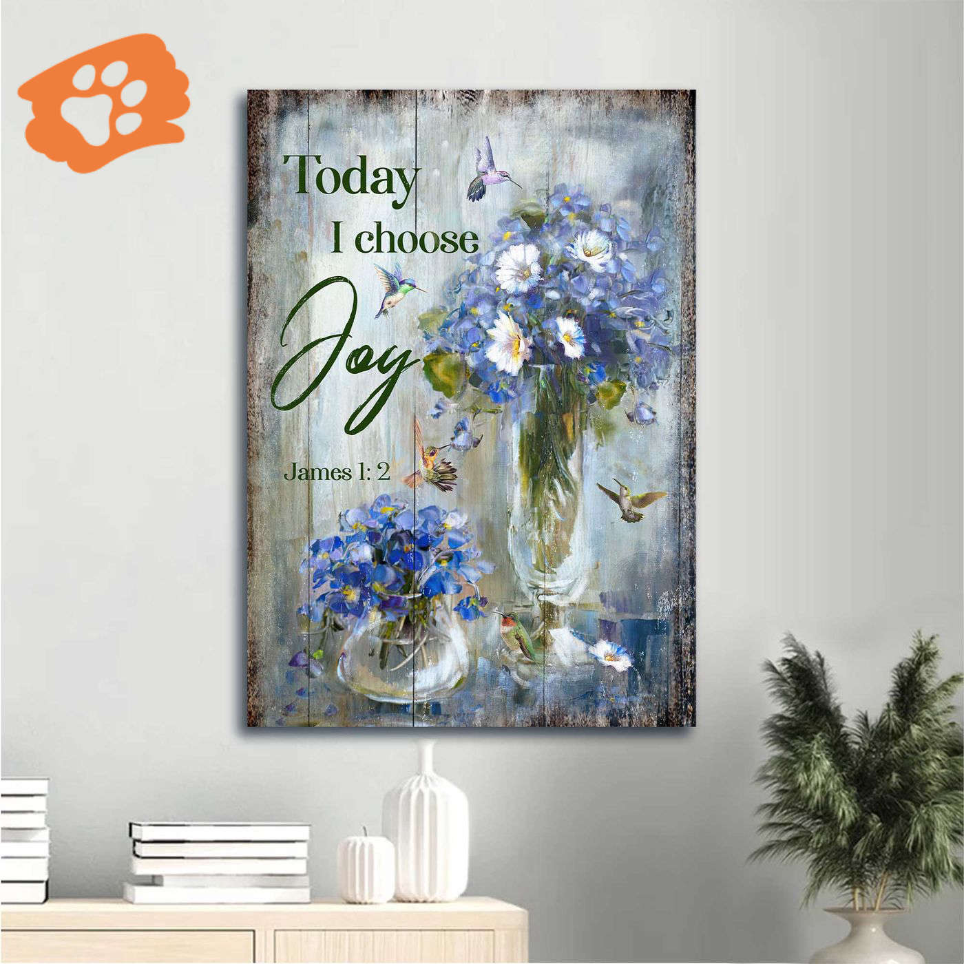 Vintage Jesus Portrait Poster with Hummingbird and Baby Blue Flower – Christian Home Decor Gift – Today I Choose Joy Wall Art