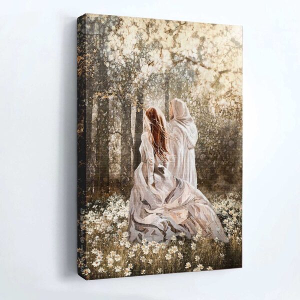 Walking With Jesus Poster: Beautiful Girl Painting in Forest & Flower Field – Christian Home Decor Gift