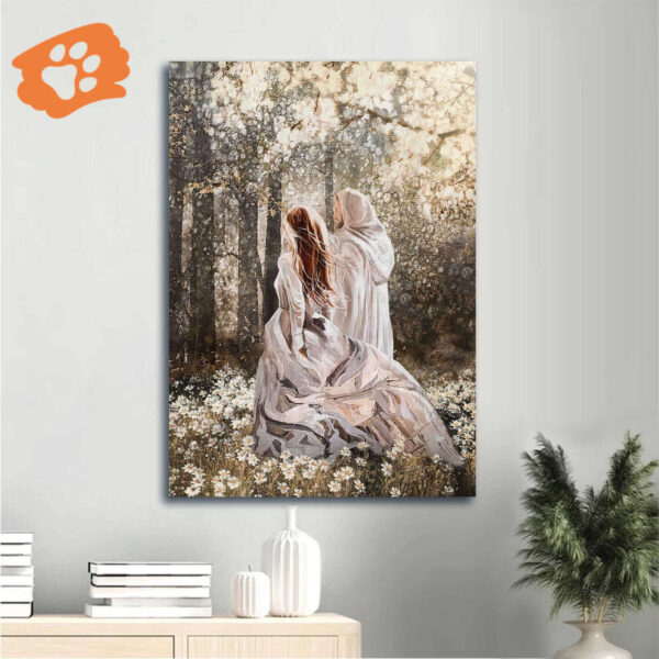 Walking With Jesus Poster: Beautiful Girl Painting in Forest & Flower Field – Christian Home Decor Gift