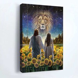 Jesus Portrait Poster - Walking With Jesus Lion & Sunflower Field Home Decor Gift for Christian 3