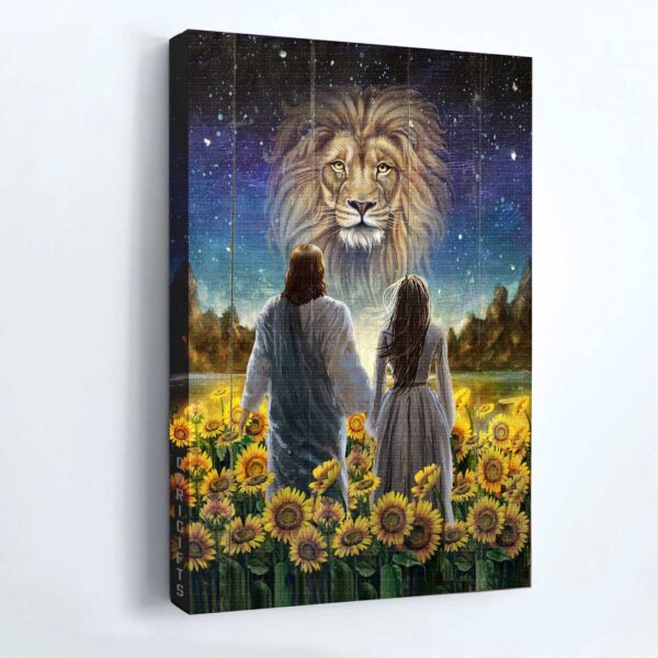 Jesus Portrait Poster – Walking With Jesus Lion & Sunflower Field Home Decor Gift for Christian