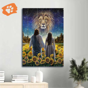 Jesus Portrait Poster - Walking With Jesus Lion & Sunflower Field Home Decor Gift for Christian