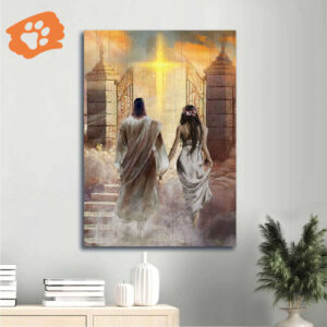 Jesus Portrait Poster - Walking With Jesus to Heaven Yellow Cross Christian Home Decor Gift