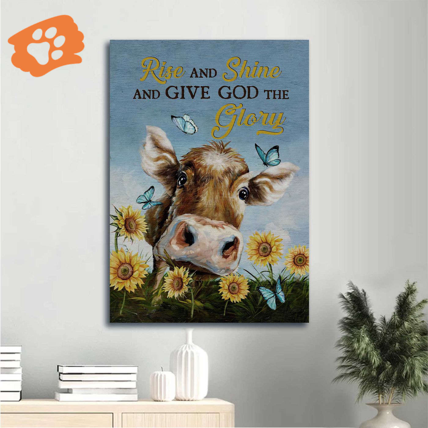 Jesus Portrait Poster Home Decor – Watercolor Cow Sunflower Field Butterfly Gift – Christian Rise And Shine