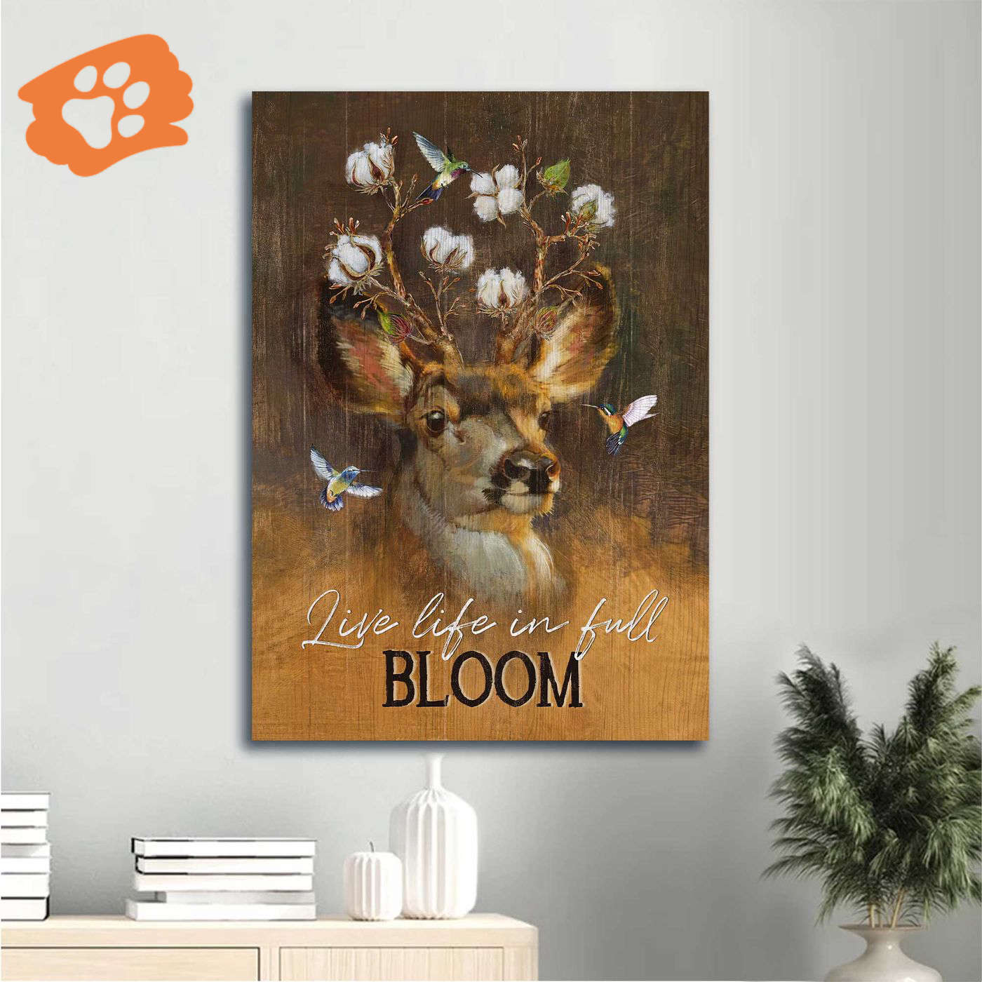 Jesus Portrait Watercolor Deer & Cotton Flower Crown Poster – Gift For Christian Home Decor – Live Life In Full Bloom