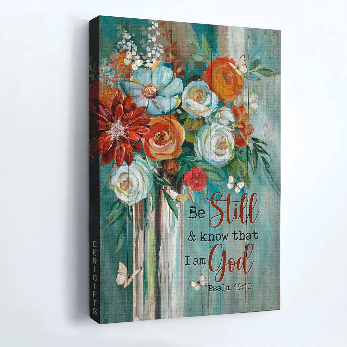 Christian Home Decor Gift – Jesus Portrait Watercolor Poster with Red Rose and Butterfly – Be Still and Know That I Am God