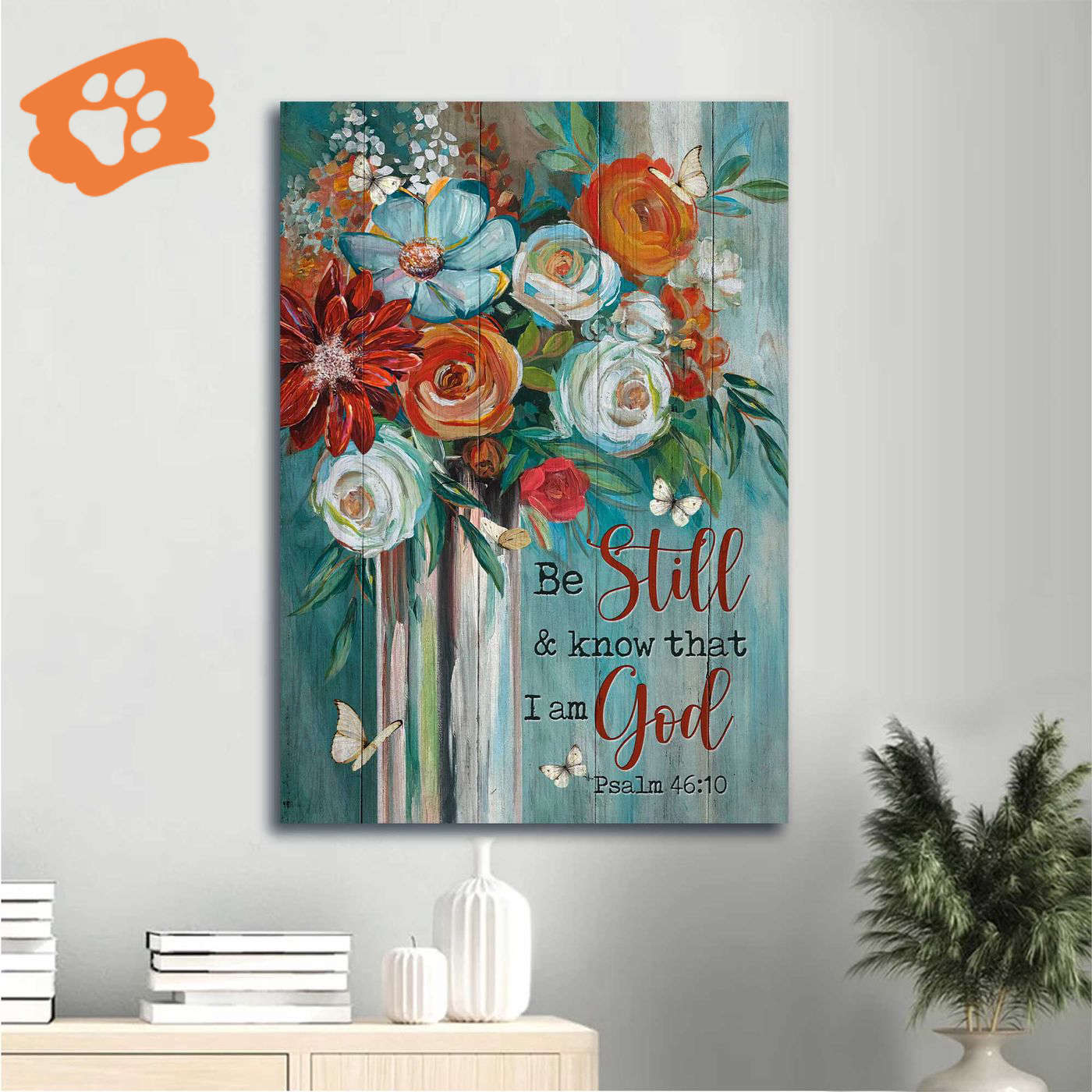 Christian Home Decor Gift – Jesus Portrait Watercolor Poster with Red Rose and Butterfly – Be Still and Know That I Am God