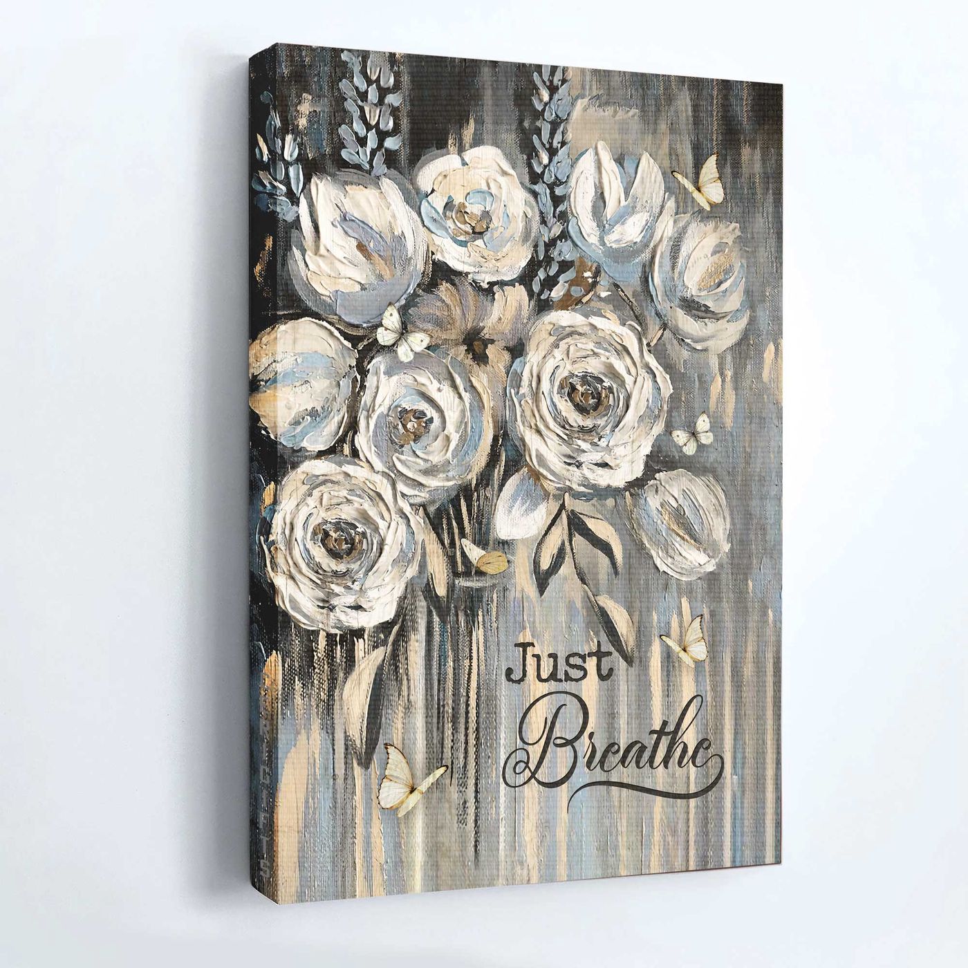 Jesus Portrait Poster Home Decor Gift – Watercolor Flower White Rose Butterfly – Gift For Christian – Just Breathe