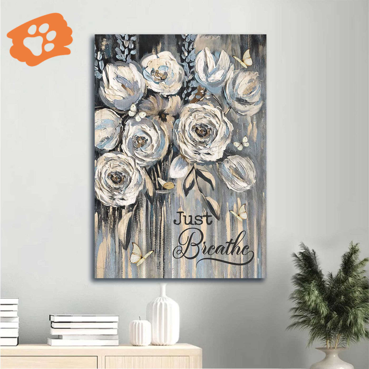 Jesus Portrait Poster Home Decor Gift – Watercolor Flower White Rose Butterfly – Gift For Christian – Just Breathe