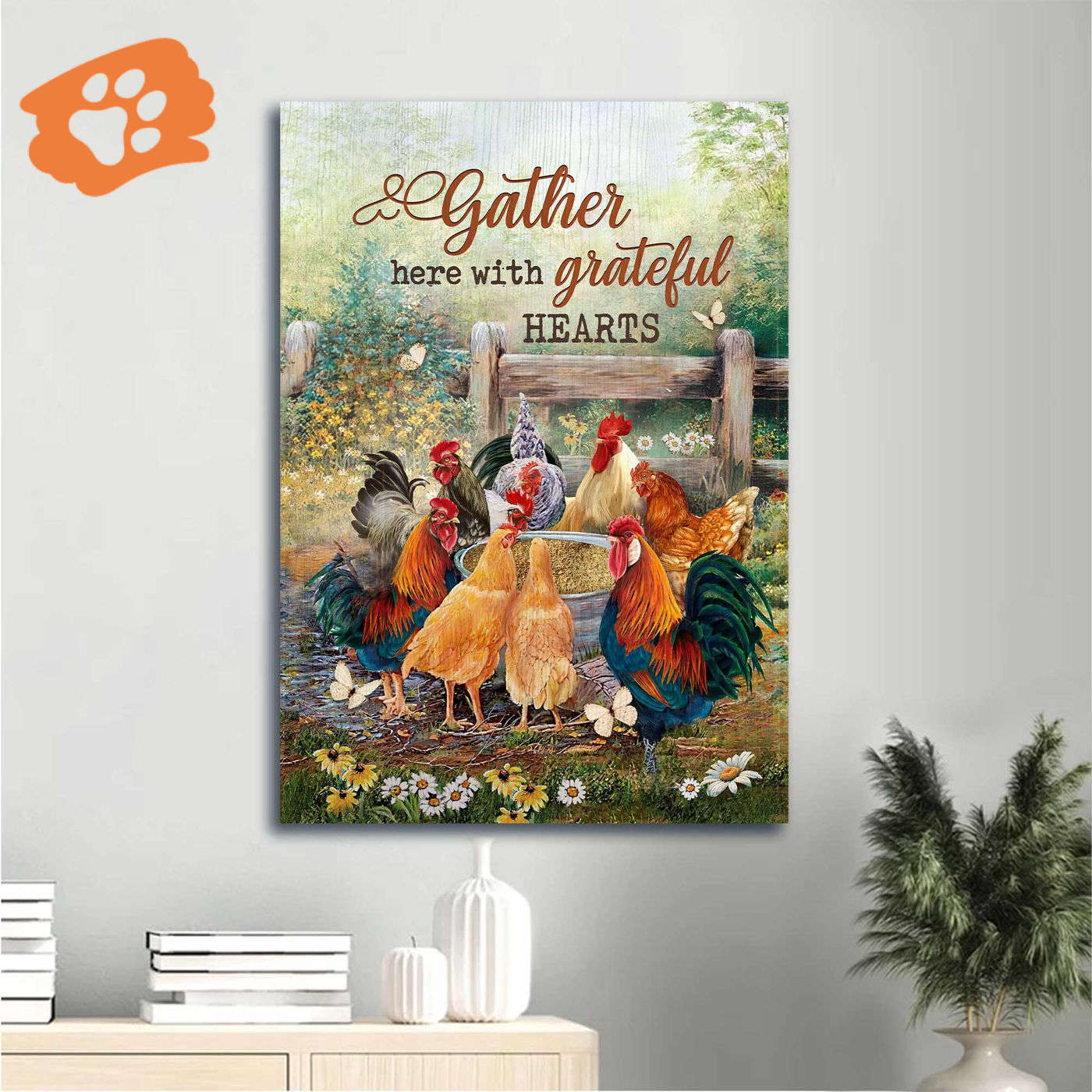 Christian Home Decor Gift: Jesus Portrait & Rooster Watercolor Meadow Poster