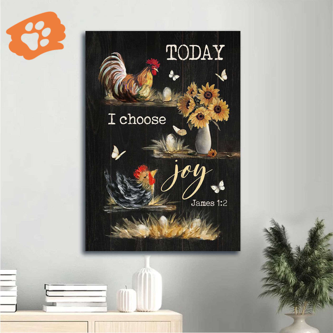 Christian Home Decor Gift: Jesus Portrait Poster with Rooster Sunflower Vase Black Background – Choose Joy Today