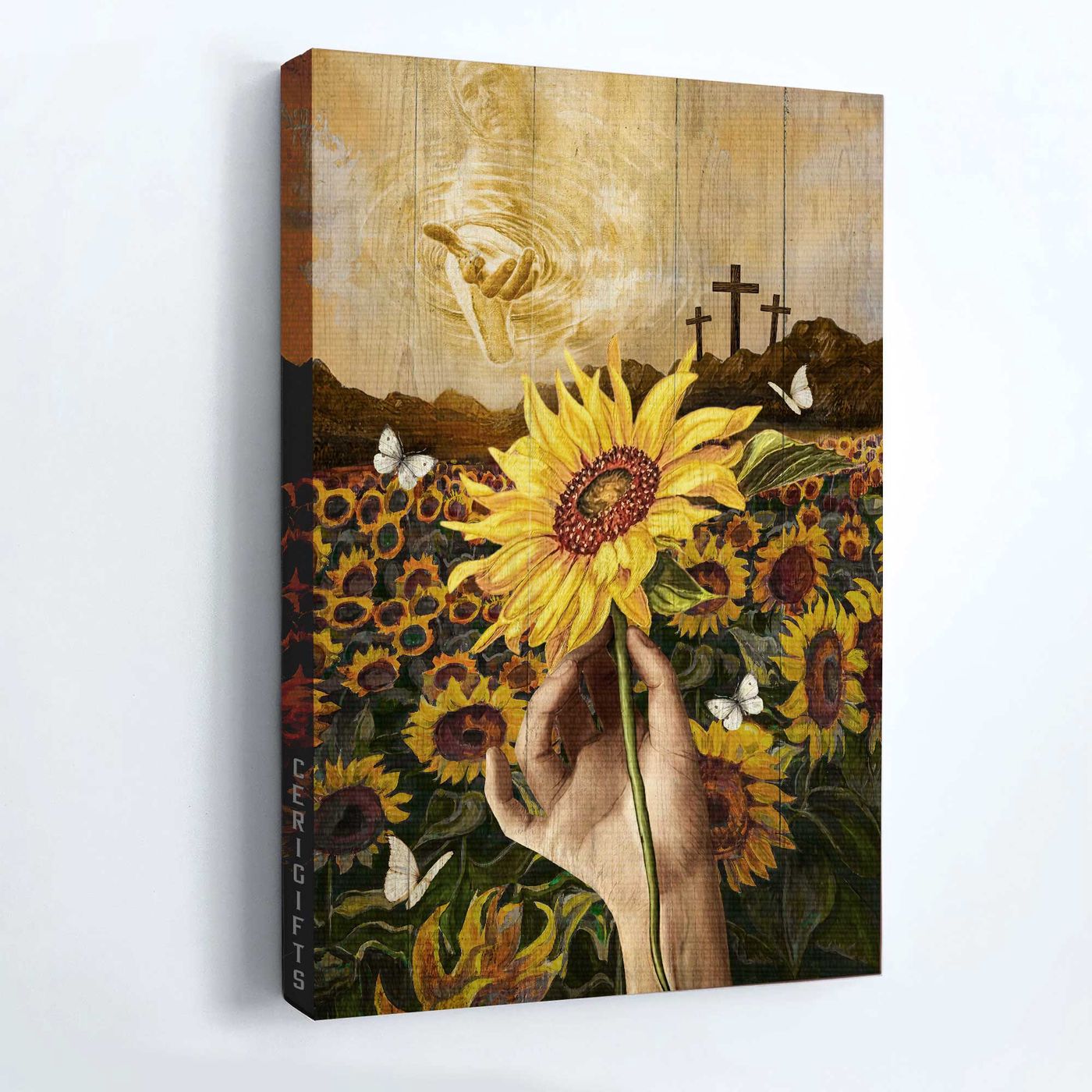 Jesus Portrait Poster Home Decor Gift – Watercolor Sunflower & Sunflower Field with White Butterfly – Gift for Christian