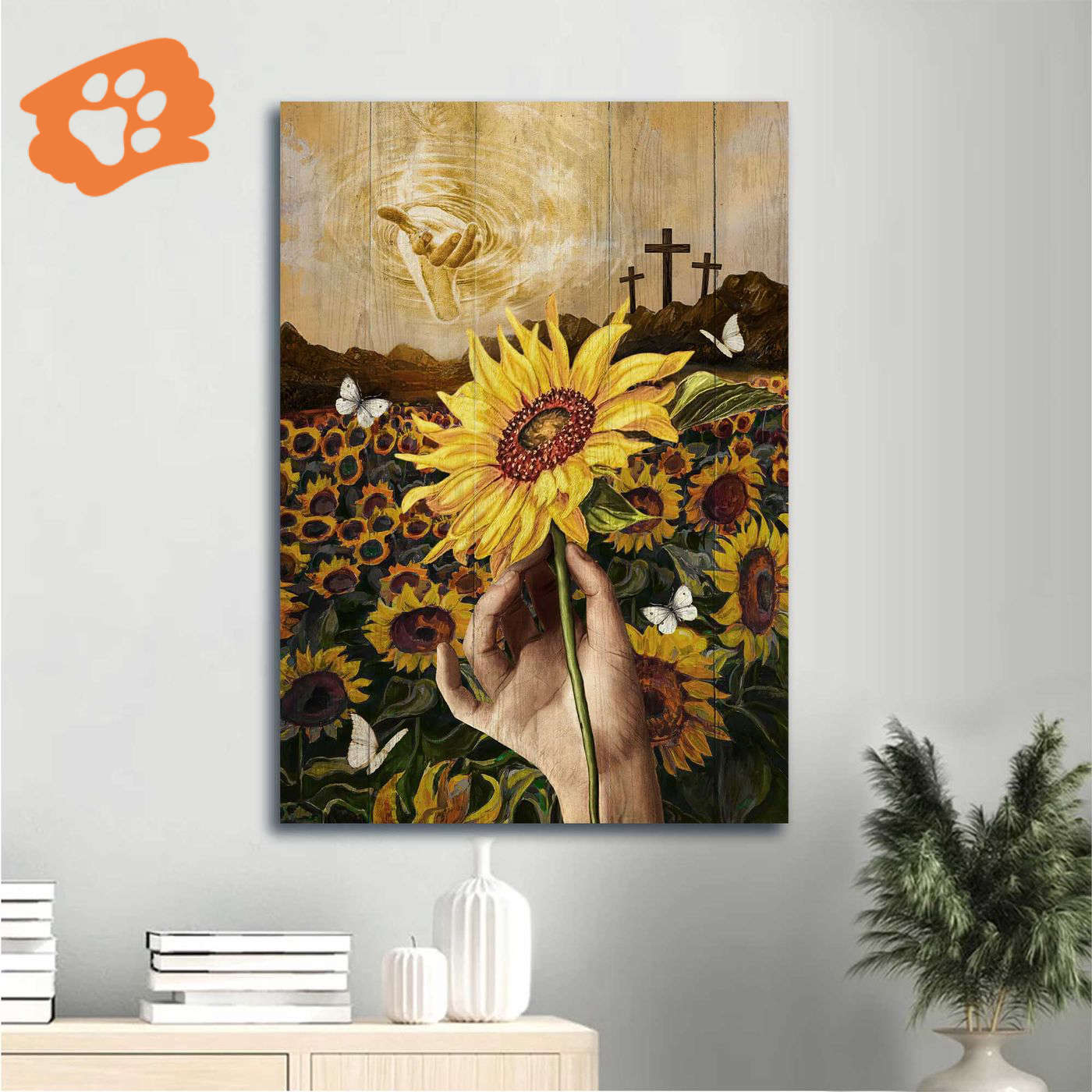 Jesus Portrait Poster Home Decor Gift – Watercolor Sunflower & Sunflower Field with White Butterfly – Gift for Christian