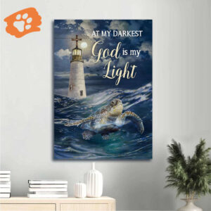 Jesus Portrait Poster Home Decor Gift - Watercolor Turtle Blue Ocean Lighthouse - Christian Wall Art Gift - God Is My Light Poster