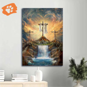 Christian Home Decor Gift: Jesus Portrait & Crosses Poster - Heavenly Waterfall Painting