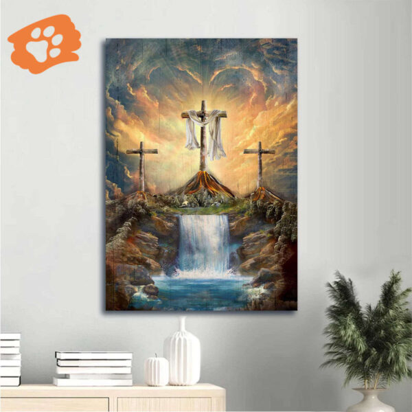 Christian Home Decor Gift: Jesus Portrait & Crosses Poster – Heavenly Waterfall Painting