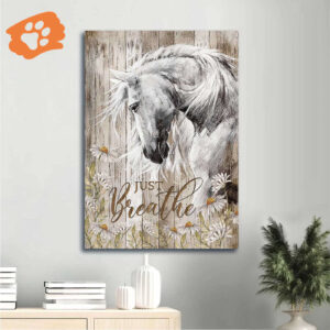 Christian Home Decor Gift - Jesus Portrait & White Horse Poster with Daisy Flower - Just Breathe Inspirational Art