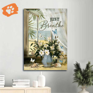 Jesus Portrait Poster Home Decor Gift - Beach View & White Lily Christian Art