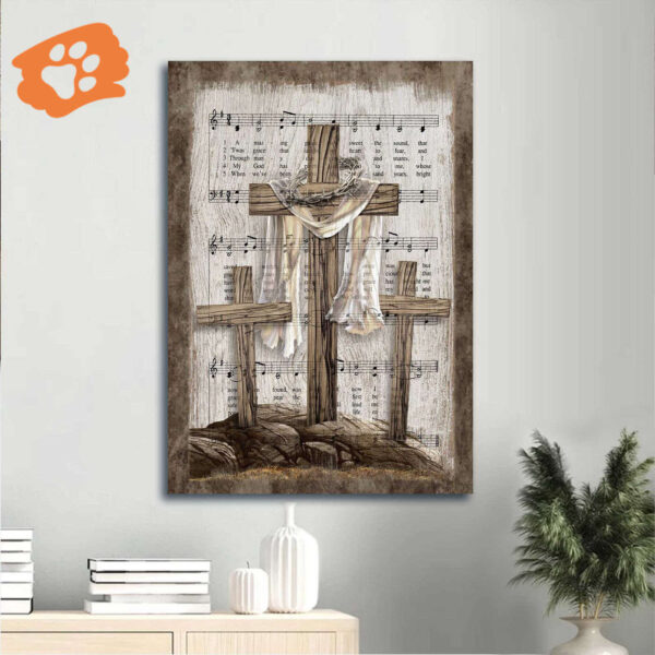 Jesus Portrait Poster with Wooden Cross & Amazing Grace Lyrics – Christian Home Decor Gift