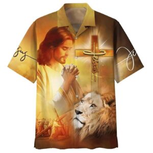 Men s Jesus Prayer Lion Cross Christian Hawaiian Shirt - Gift for Christian Faith