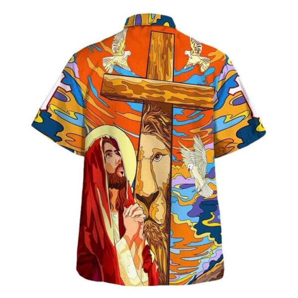 Men s Hawaiian Christian Shirt with Lion Cross Dove Design – Perfect Gift for Christian