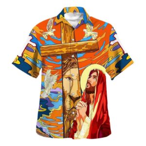 Men s Hawaiian Christian Shirt with Lion Cross Dove Design - Perfect Gift for Christian