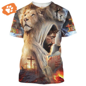 Jesus Prayer Lion Print 3D T-Shirt for Men & Women - Christian Faith Shirt