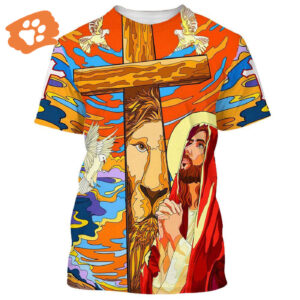 Jesus Praying Lion Of Judah Cross Faith All Over Print 3D T-Shirt for Men and Women - Christian Faith Shirt
