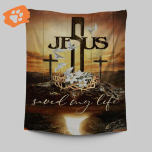 Jesus Saved My Life Tapestry - Christian Wall Decor with Cross Crown of Thorns Lily and Dove Prints