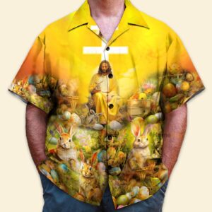Jesus Easter Hawaiian Shirt: Seated with Rabbit & Eggs on Couch 1
