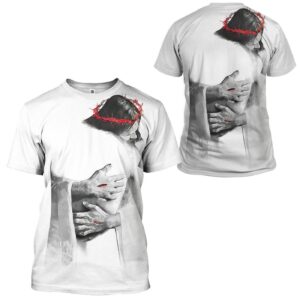 In the Arms of Jesus White Grey T-shirt Hoodie - Christian Apparel for Adults 1
