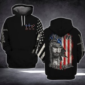 Faith Over Fear Jesus American Flag Black T-shirt: Christian Hope Love Hoodie for Adults