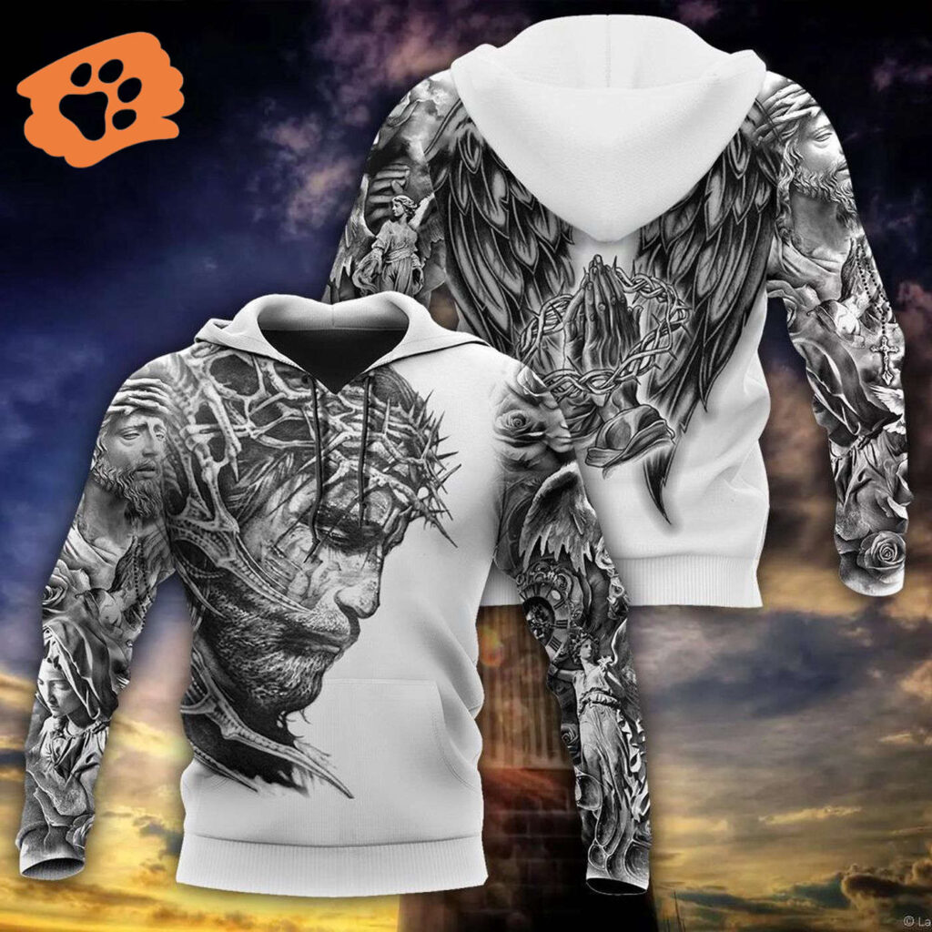Jesus Shirt Jesus Tattoo Angle Wings 3d Grey White T-shirt Jesus Hoodie Christian Apparel 2025 Jesus Shirt Jesus Tattoo Angle Wings 3d Grey White T-shirt Jesus Hoodie Christian Apparel 2025