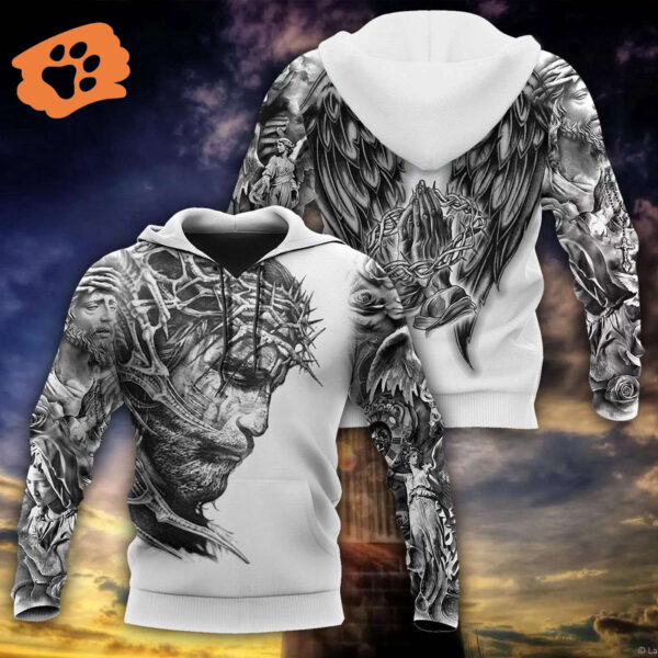 Jesus Shirt Jesus Tattoo Angle Wings 3d Grey White T-shirt Jesus Hoodie Christian Apparel 2025