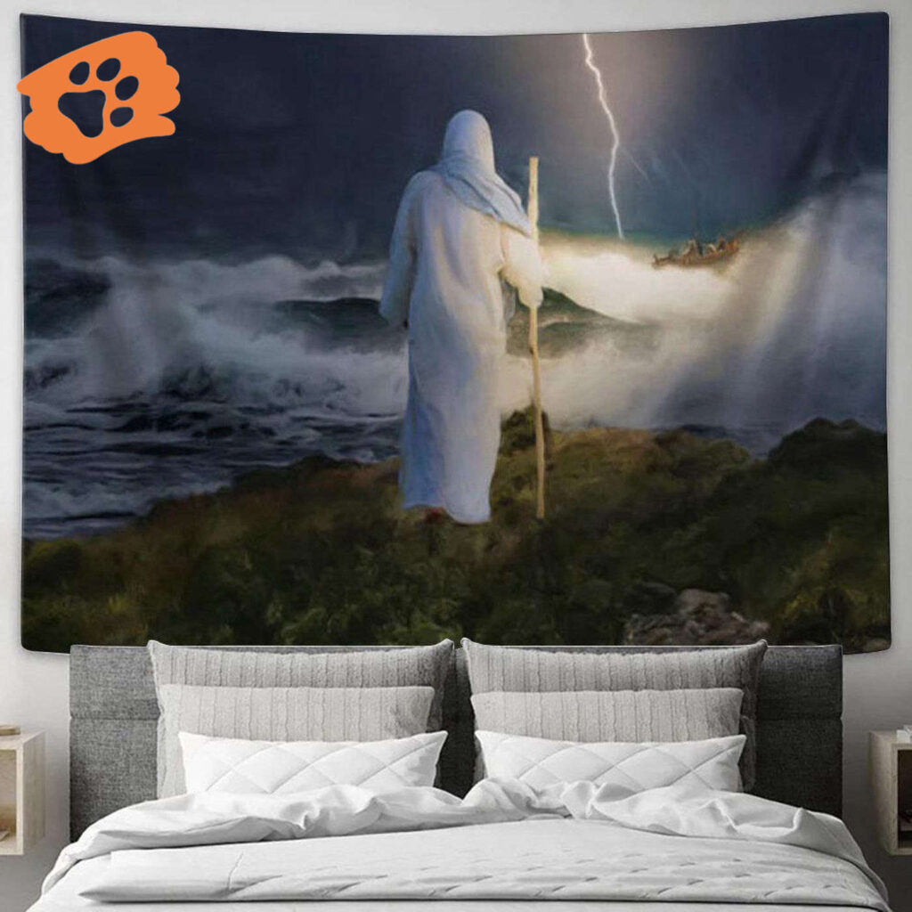 Jesus Christ Standing on Rock Shore Tapestry – Christian Wall Art Decor for Home Jesus Christ Standing on Rock Shore Tapestry – Christian Wall Art Decor for Home