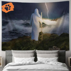 Jesus Christ Standing on Rock Shore Tapestry - Christian Wall Art Decor for Home