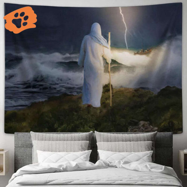 Jesus Christ Standing on Rock Shore Tapestry – Christian Wall Art Decor for Home