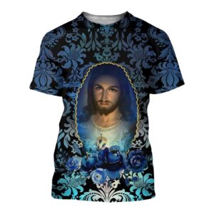 Jesus T-shirt Picture Of Jesus Blue Flower Pattern T-shirt Jesus Hoodie 2025 1