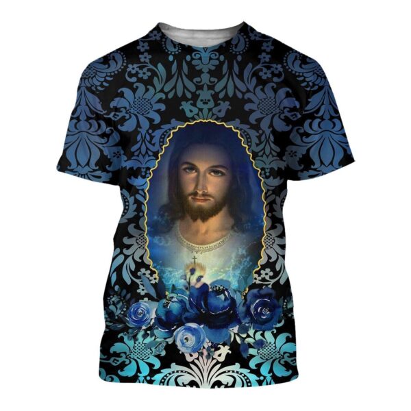 Jesus T-shirt Picture Of Jesus Blue Flower Pattern T-shirt Jesus Hoodie 2025