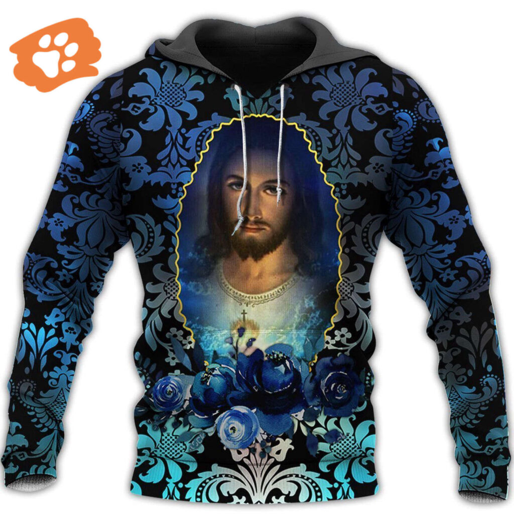 Jesus T-shirt Picture Of Jesus Blue Flower Pattern T-shirt Jesus Hoodie 2025 Jesus T-shirt Picture Of Jesus Blue Flower Pattern T-shirt Jesus Hoodie 2025