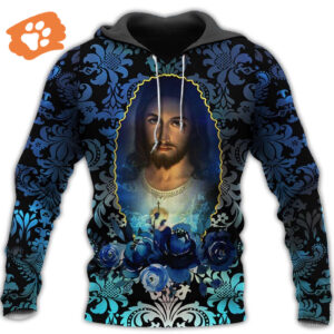 Jesus T-shirt Picture Of Jesus Blue Flower Pattern T-shirt Jesus Hoodie 2025