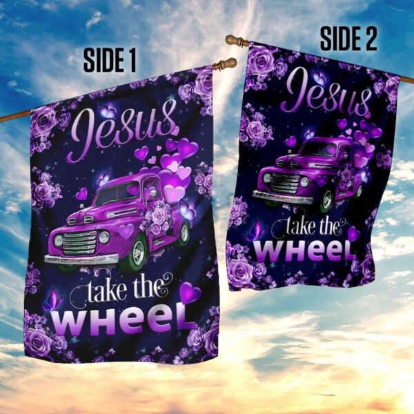Jesus Take The Wheel Purple Truck House Flag – Christian Scripture Garden Banner