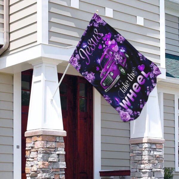 Jesus Take The Wheel Purple Truck House Flag – Christian Scripture Garden Banner