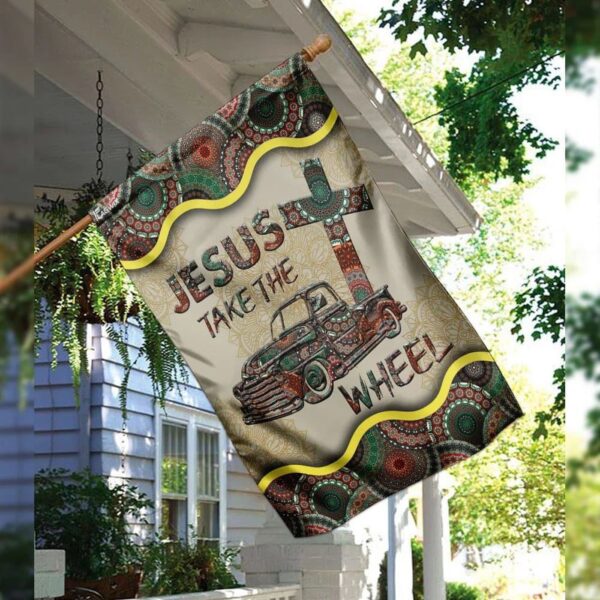 Vintage Mandala Jesus Take The Wheel House Flag – Christian Garden Banner