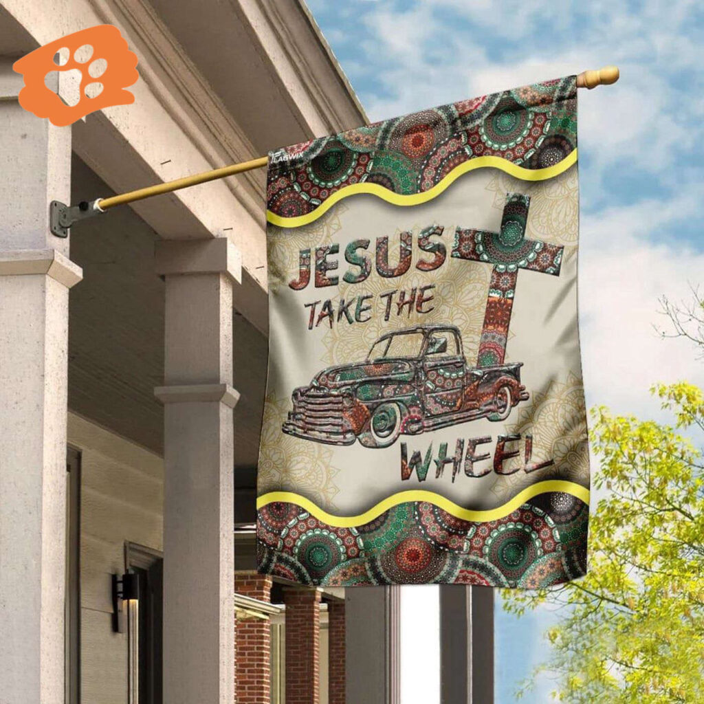 Vintage Mandala Jesus Take The Wheel House Flag – Christian Garden Banner Vintage Mandala Jesus Take The Wheel House Flag – Christian Garden Banner